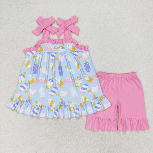 GSSO1037  Kids Girls summer clothes suspenders top with shorts set