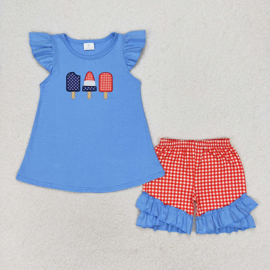GSSO0860  Kids Girls summer clothes fiying sleeves top with shorts set