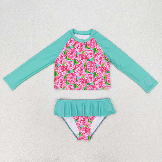 S0260 Kids Girls summer clothes long  sleeves top with swimsuit set