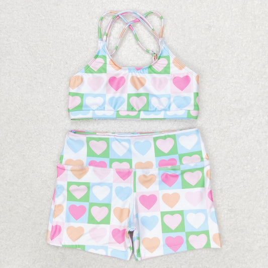 S0373 Kids Girls summer clothes suspenders top with swimsuit set
