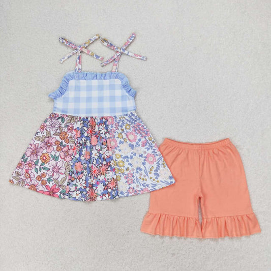 GSSO0990  Kids Girls summer clothes suspenders top with shorts set