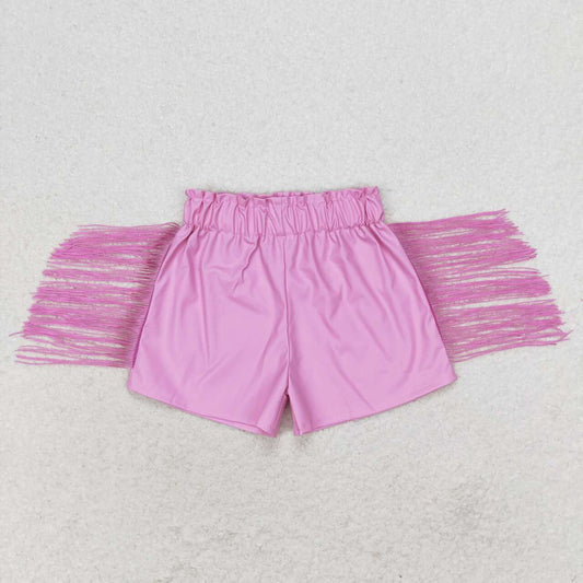 RTS no moq SS0222 Kids Girls summer pink shiny leather tassels shorts