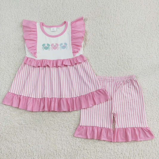 RTS no moq  GSSO1258  Kids Girls summer clothes fiying sleeves top with shorts set