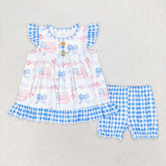 RTS no moq  GSSO1139  Kids Girls summer clothes fiying sleeves top with shorts set