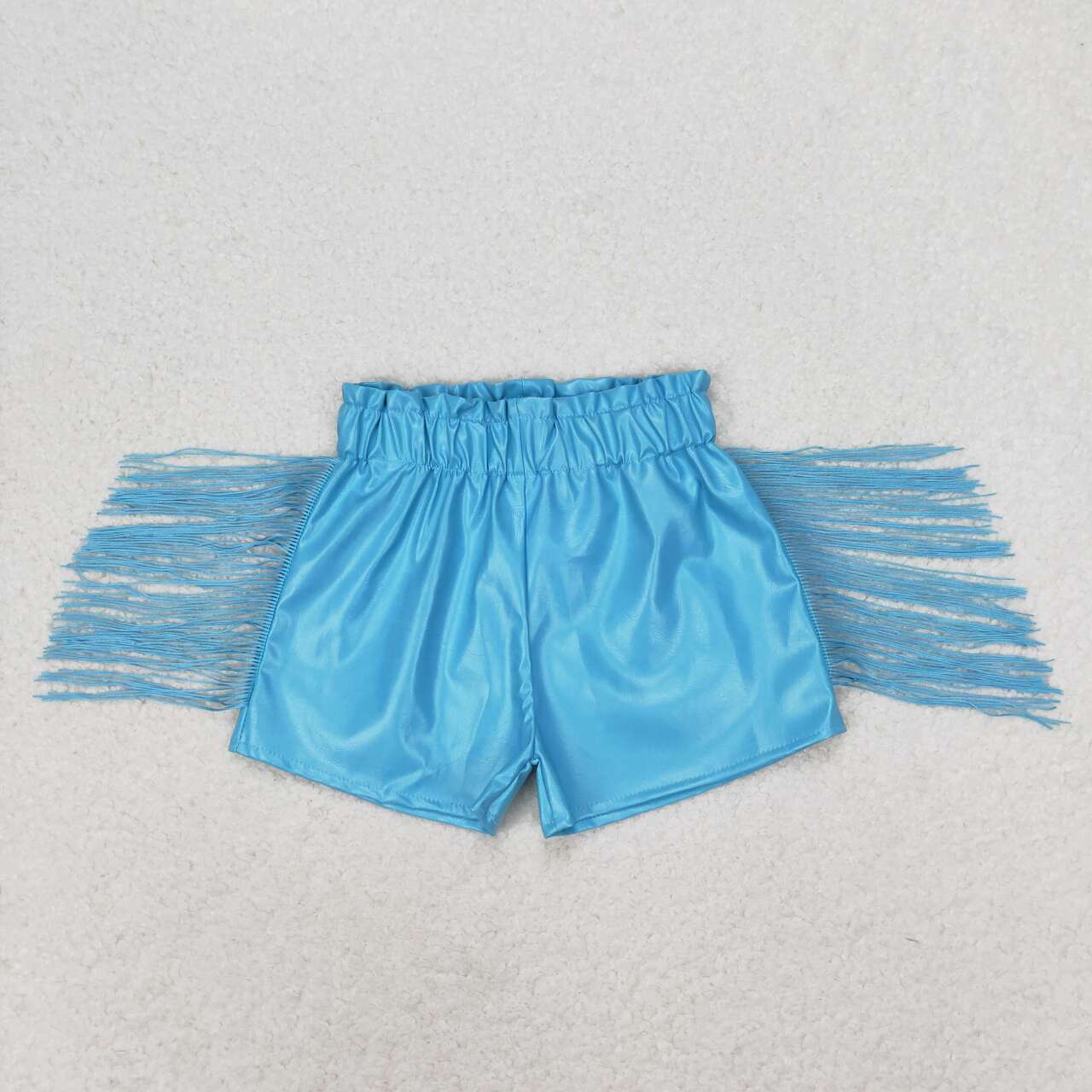 RTS no moq SS0241  Kids Girls summer blue shiny leather tassel shorts