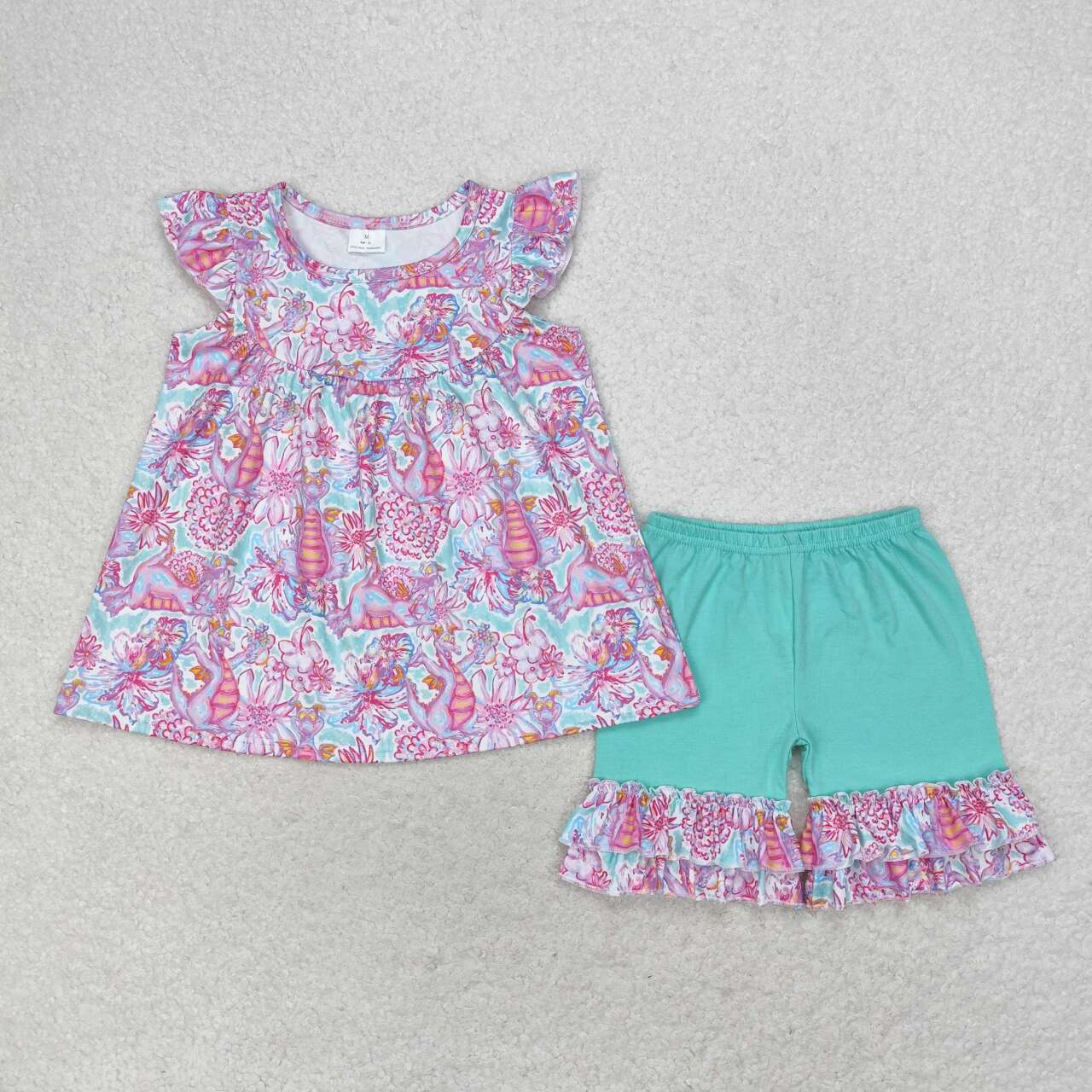 RTS no moq  GSSO1356  Kids Girls summer clothes flying sleeves top with shorts set