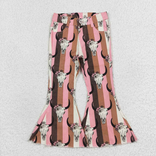 RTS no moq P0437 Clothes for girls Floral Alpine Bullhead Pink and Orange Striped Denim Pants