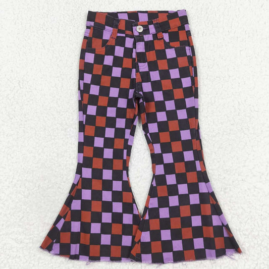 RTS no moq P0471  Clothes for girls Orange and purple plaid black denim trousers
