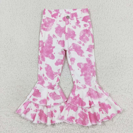 RTS no moq P0406  Clothes for girls Pink and White Cow Print Denim Pants