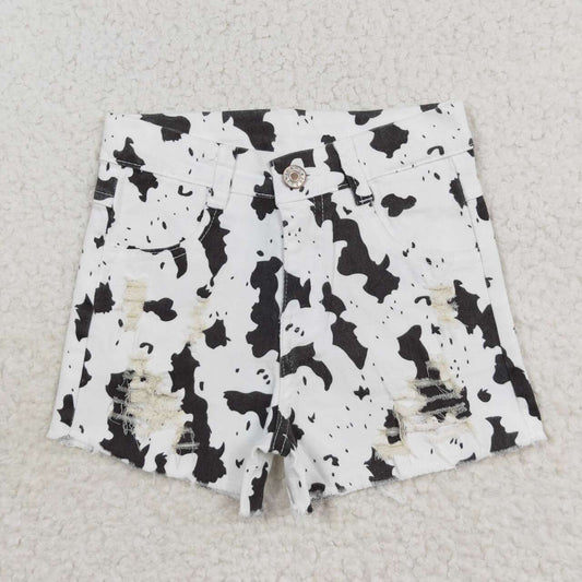 RTS no moq SS0332  Clothes for girls White cow print ripped denim shorts