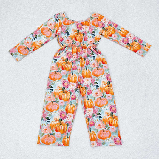 RTS NO MOQ LR1060 Girls Pumpkin Blossom Long Sleeves Top With Jumpsuit