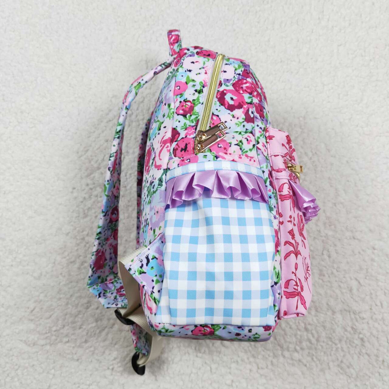 RTS no moq BA0099 Blue and purple floral lace plaid backpack