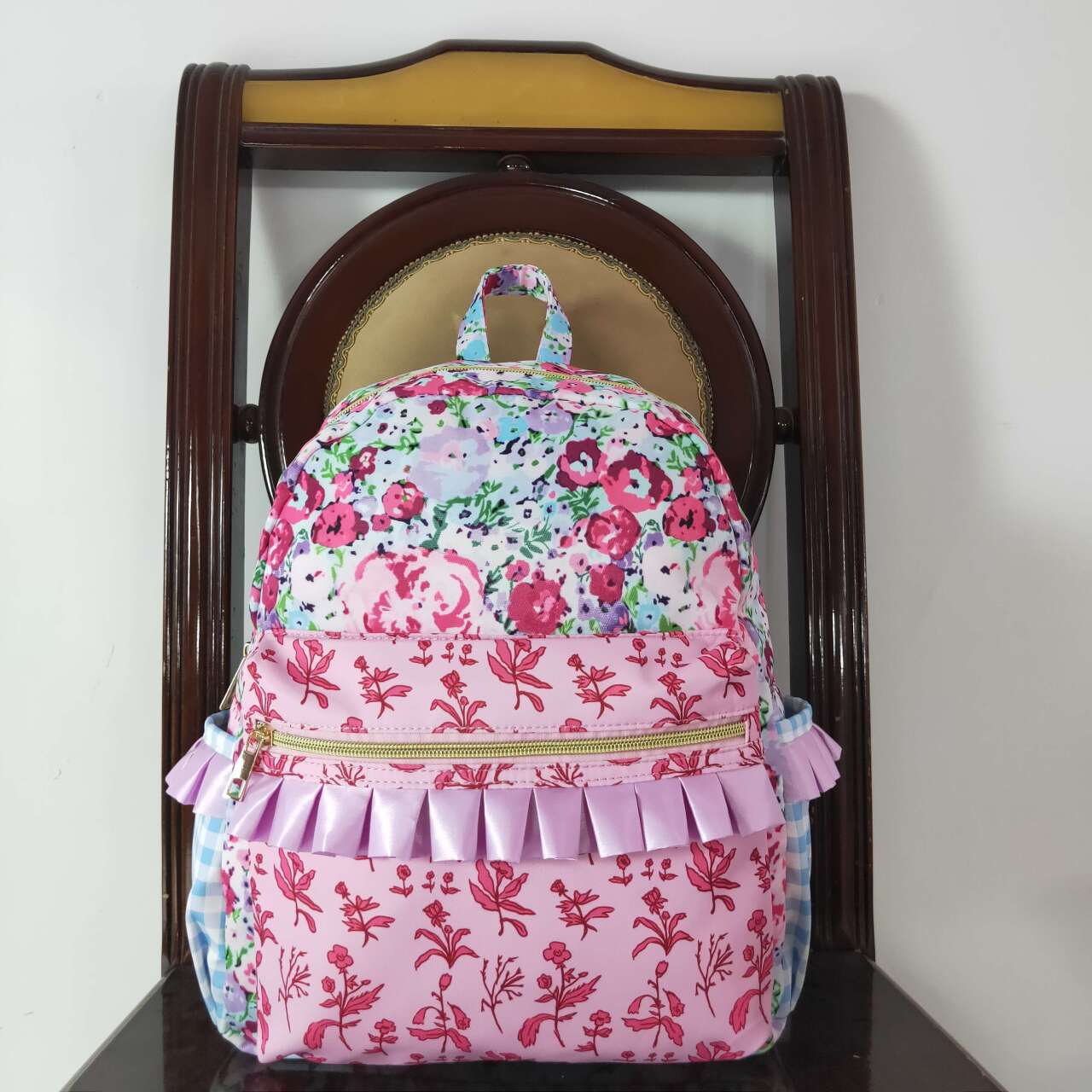 RTS no moq BA0099 Blue and purple floral lace plaid backpack