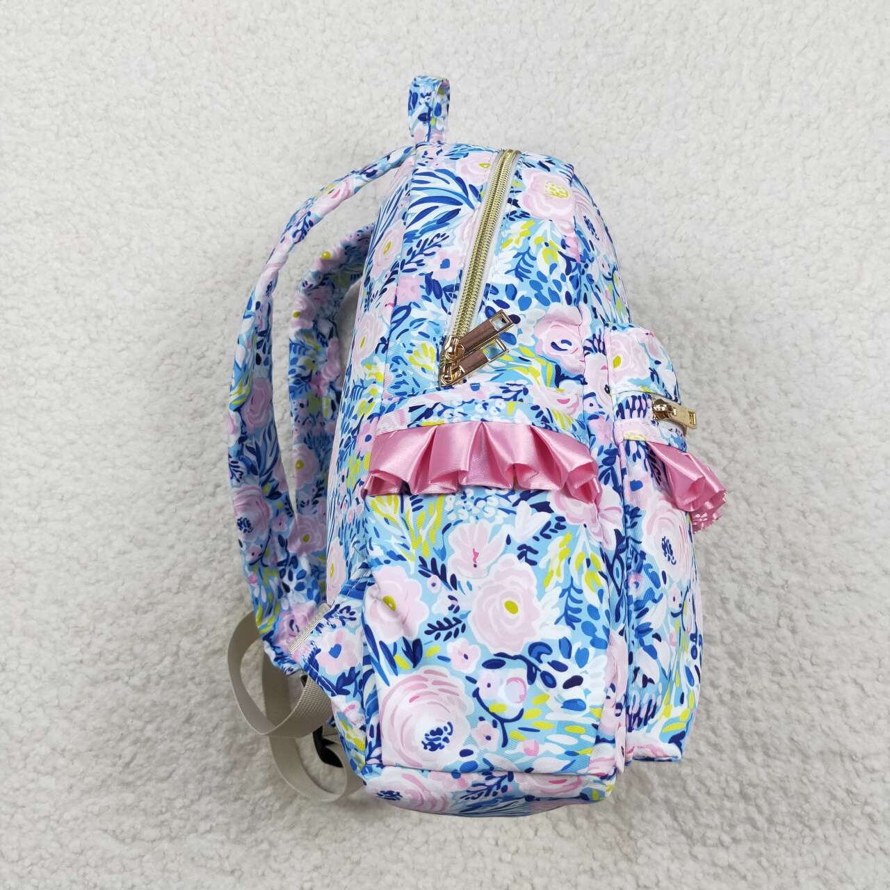 RTS no moq BA0175 Blue backpack with rose pink floral lace