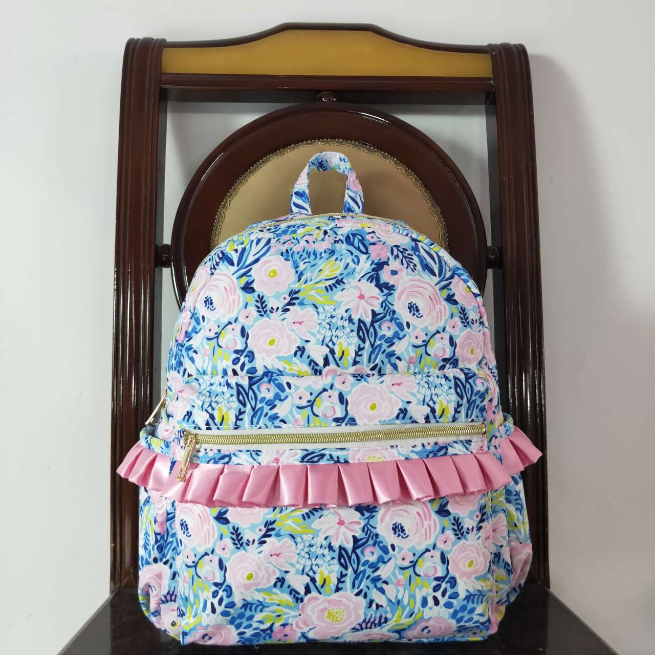 RTS no moq BA0175 Blue backpack with rose pink floral lace