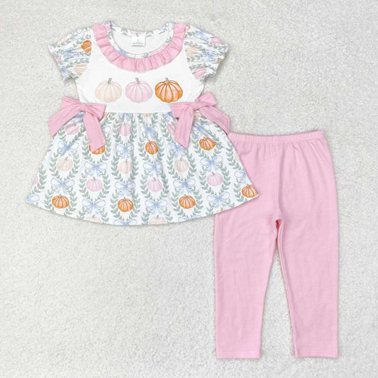 RTS no moq GSPO1601 Kids girls autumn clothes short sleeves top with trousers set