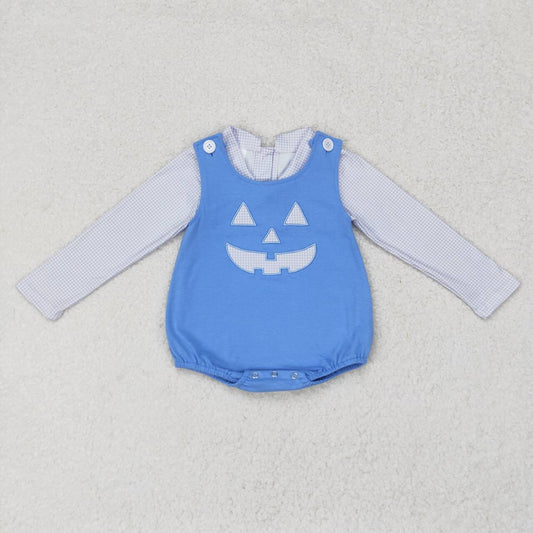 RTS no moq BT0752+ SR1926 Kids boys autumn clothes long sleeveless embroidered halloween smiley blue print with romper