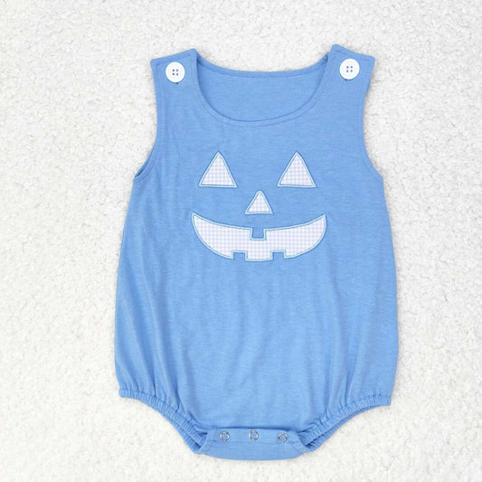 RTS no moq SR1926 Kids boys summer clothes sleeveless embroidered halloween smiley blue vest print with romper