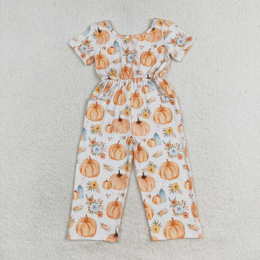 RTS NO MOQ SR1880 Girls Pumpkin Blossoms Short Sleeve Top With Jumpsuit