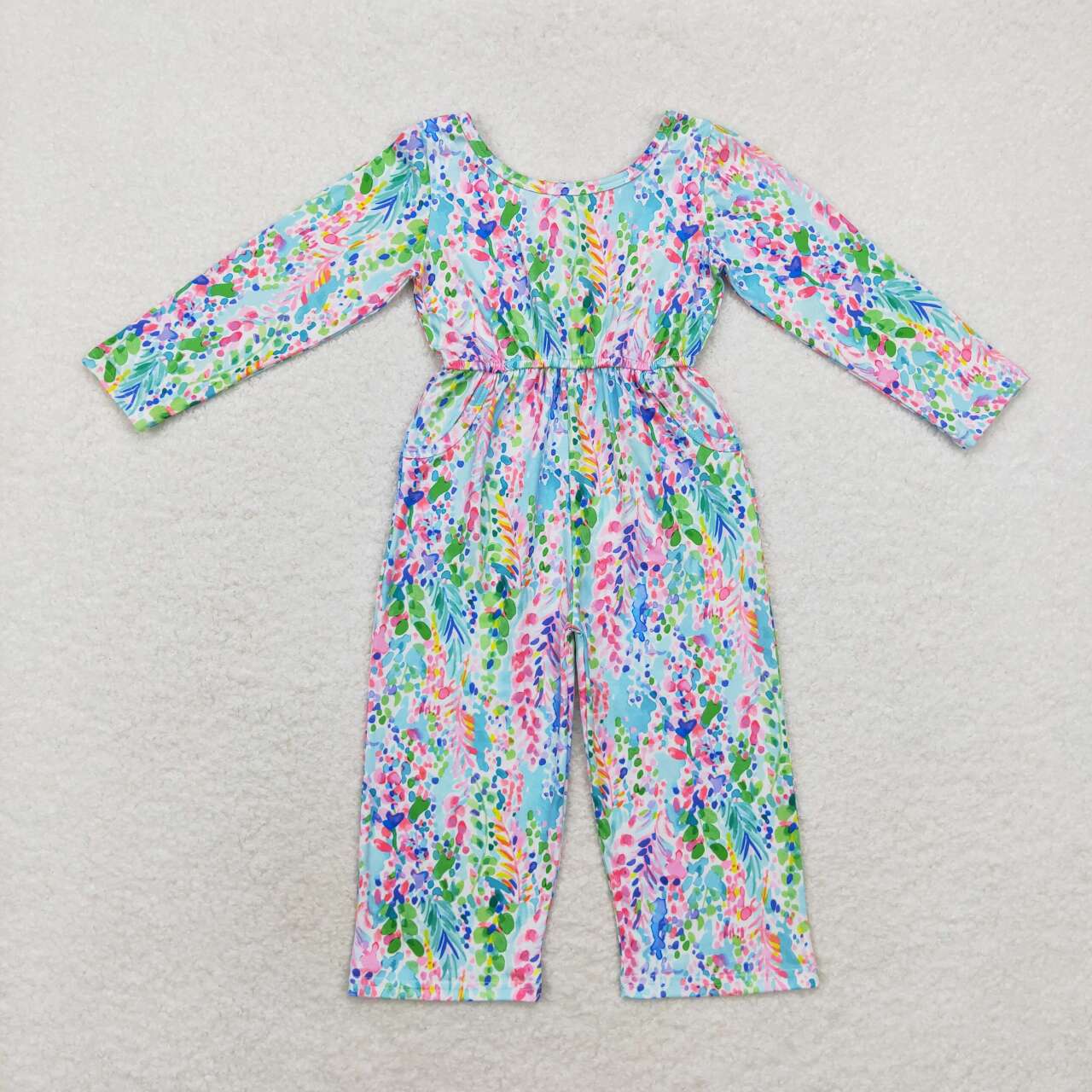 RTS NO MOQ LR1141 purple-green vine flower pocket long-sleeved jumpsuit