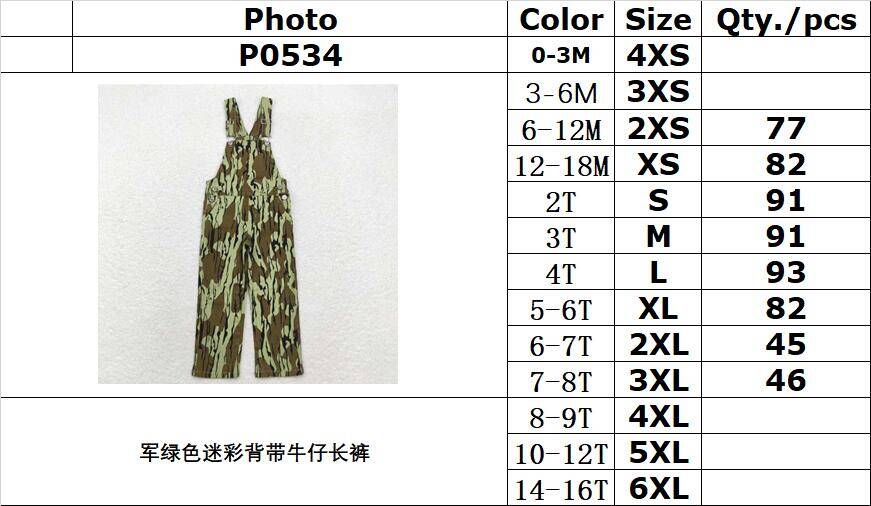 RTS no moq P0534 Kids Girls Autumn Clothes Army Green Camouflage Denim Overalls