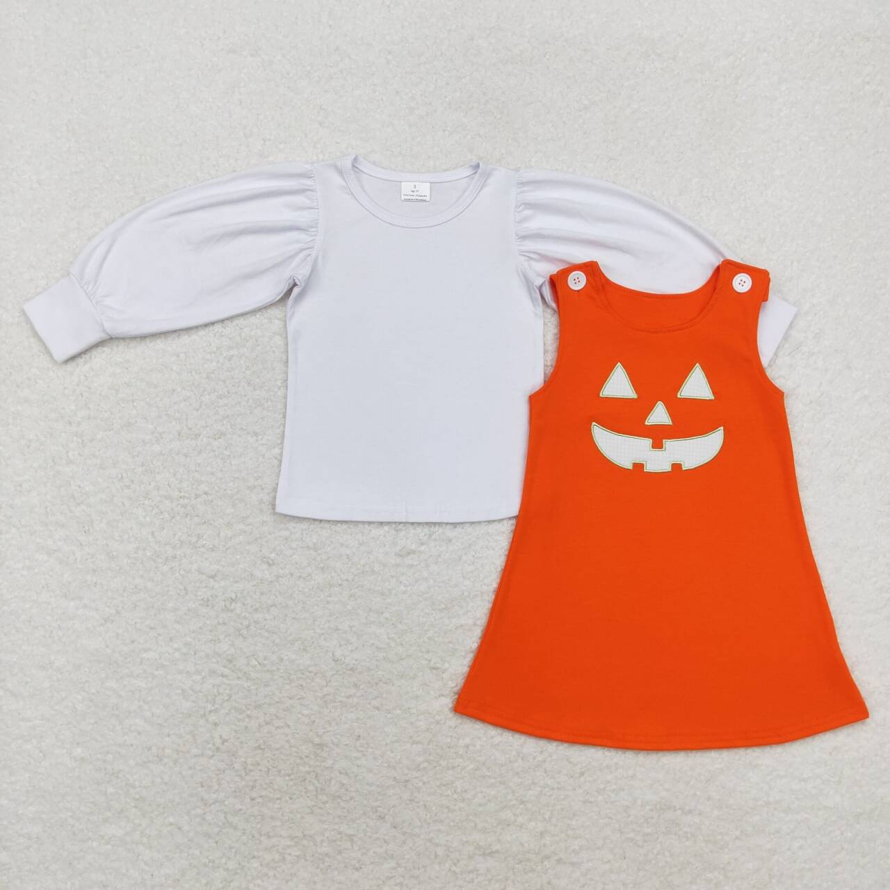 RTS no moq GT0370+GSD1376 White long-sleeved top embroidered halloween smiley face orange sleeveless dress 2 pieces set