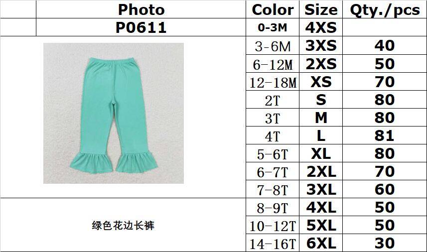 RTS no moq P0611  Baby girls autumn clothes green lace trousers kids