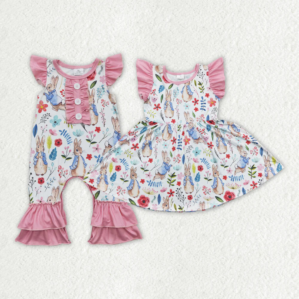 12.26 RTS Sibling Baby Girls Easter Flower Rabbit Rompers Dresses Suits