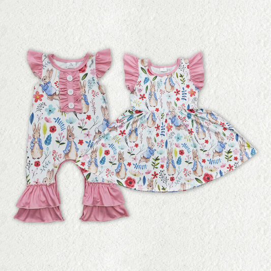2.10 RTS Sibling Baby Girls Summer Easter Flower Rabbit Rompers Dresses Suits