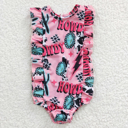 S0036 Sales New RTS No Moq Promotion Howdy cactus turquoise baby girls summwer swimsuit