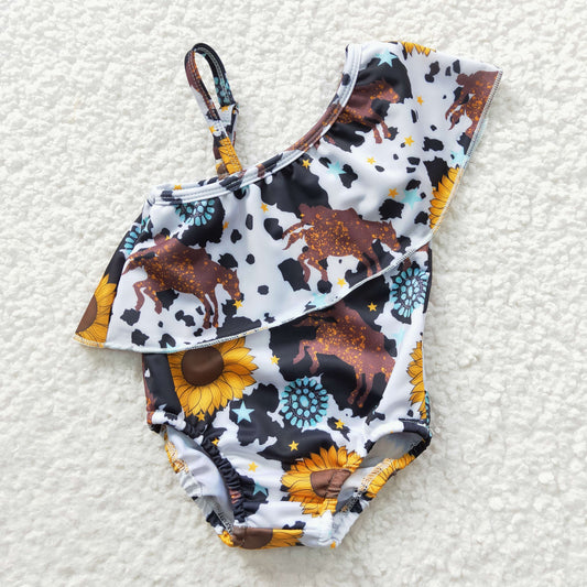S0045  Sales New RTS No Moq Promotion Sunflower turquoise rodeo up to 2T one pc baby swimsuit