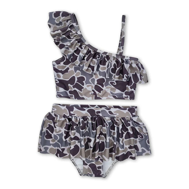 USA Warehouse (IN STOCK) Baby girls Solid color Straps floral ruffle athletic dresses and swimsuit set