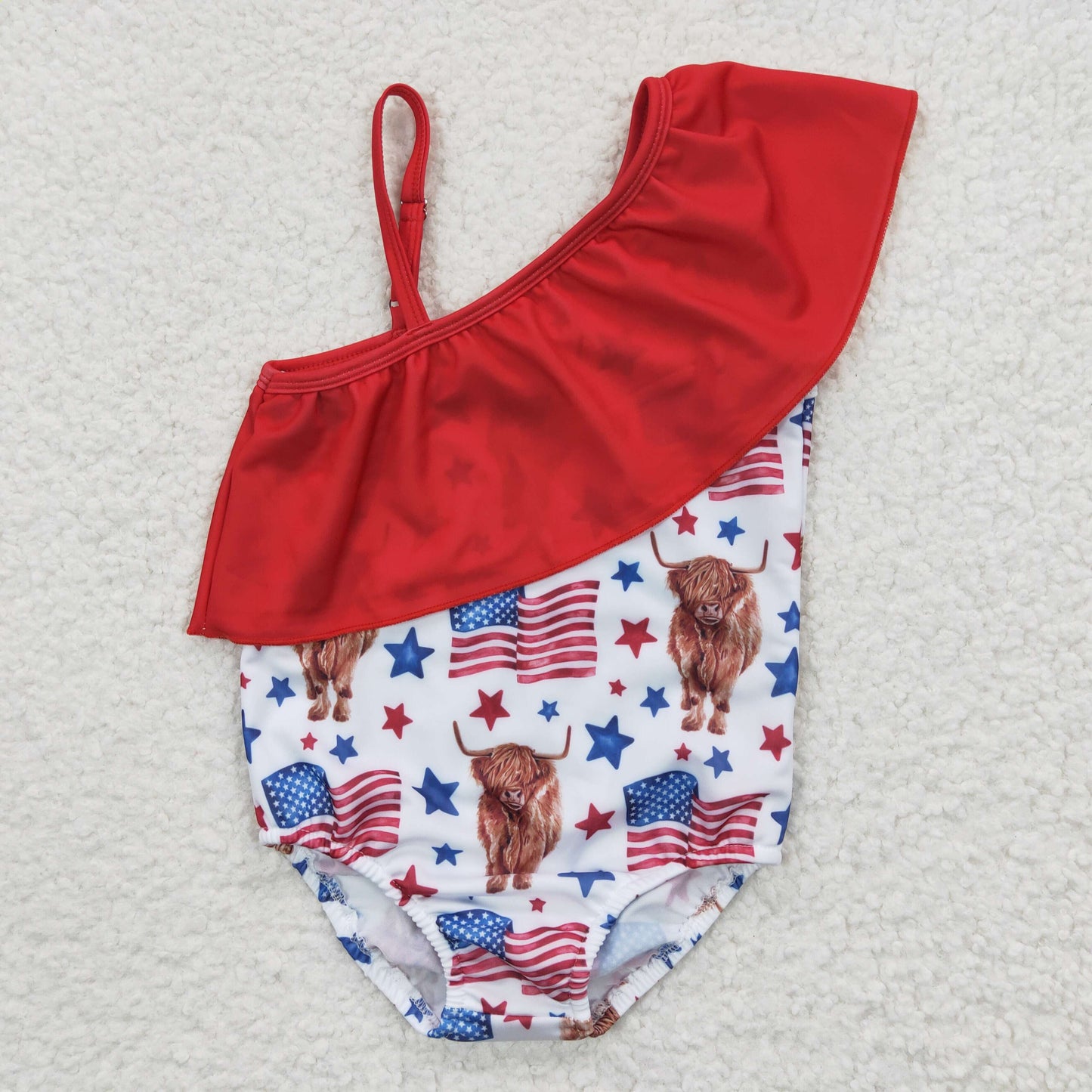 S0101  Sales New RTS No Moq Promotion Highland cow flag one pc baby girls 4th of july swimsuit