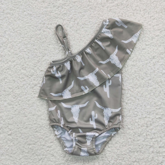 S0106  Sales New RTS No Moq Promotion Bull skull cactus western one pc baby girls summer swimsuit