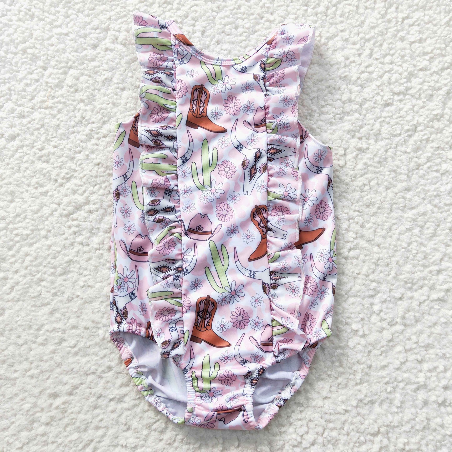 S0111  Sales New RTS No Moq Promotion Bull skull cactus boots western one pc baby girls summer swimsuit