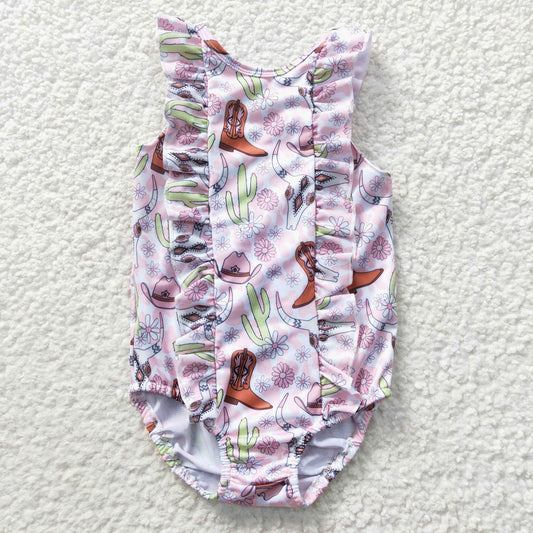 S0111  Sales New RTS No Moq Promotion Bull skull cactus boots western one pc baby girls summer swimsuit