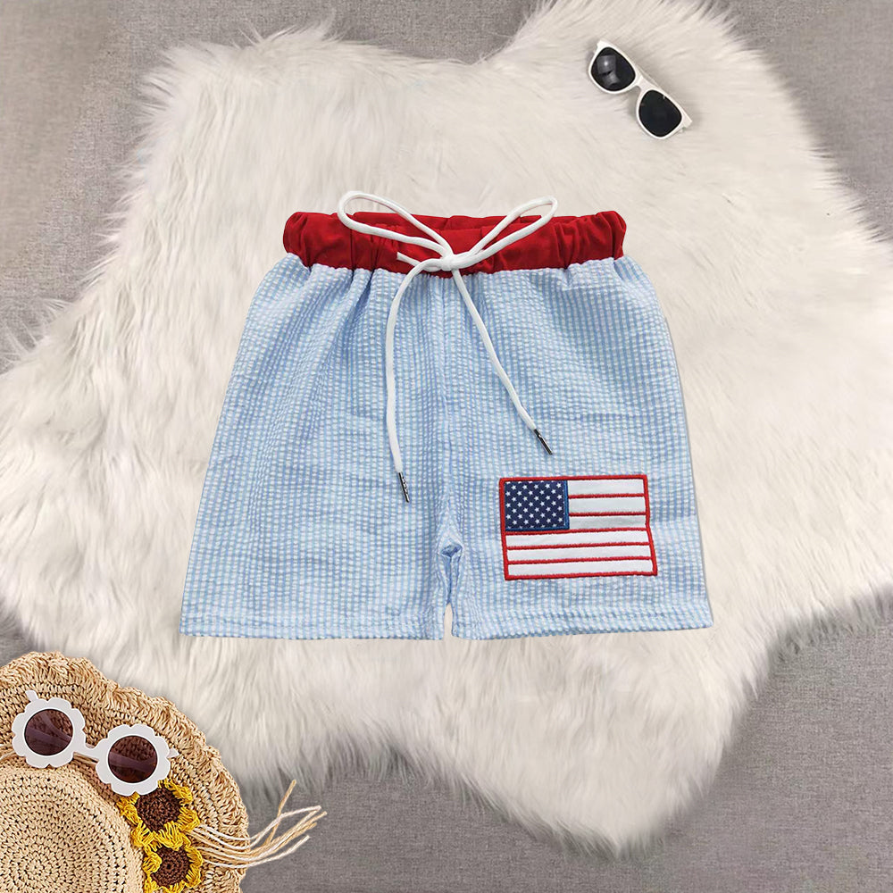 8.14  RTS Sibling Flag embroidery seesucker boy 4th of july shorts