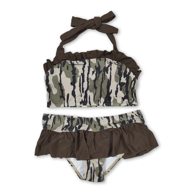 USA Warehouse (IN STOCK) Baby girls Solid color Straps floral ruffle athletic dresses and swimsuit set