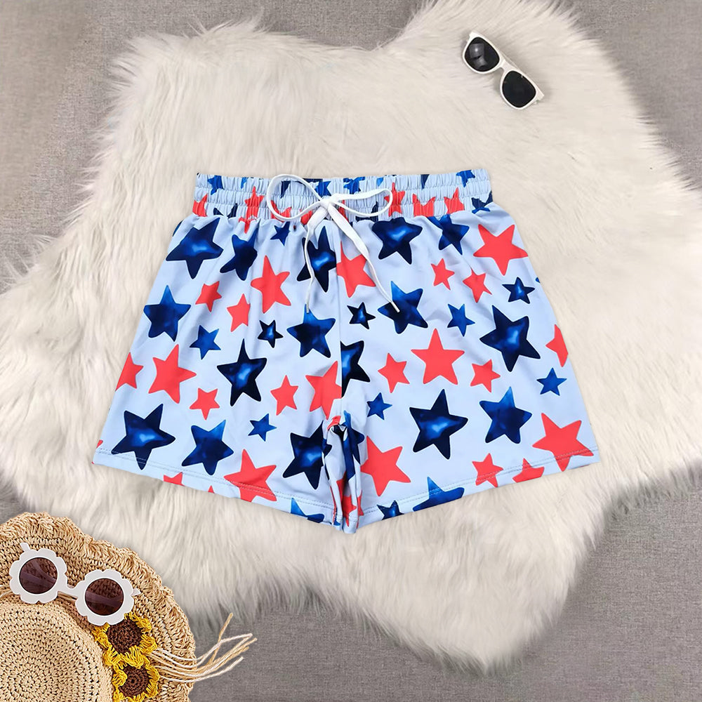 8.02 RTS Sibling Baby Boys Summer Swimsuits Red blue stripe kids boy 4th of july swim trunks