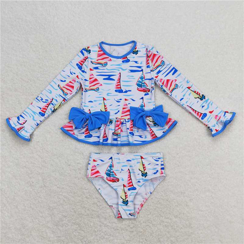 6.07   Baby Girls Blue Sailboat Flutter Sleeve One-Piece Swimsuit Infant Swimwear Comfortable Soft Fabric Baby Pool Outfit