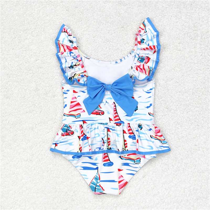 6.07   Baby Girls Blue Sailboat Flutter Sleeve One-Piece Swimsuit Infant Swimwear Comfortable Soft Fabric Baby Pool Outfit