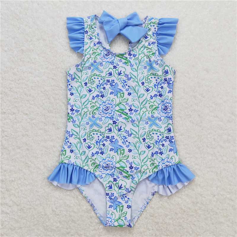 7.19 RTS NO MOQ Baby Girls Summer Swimsuits Light blue green floral girls one pc swimsuit