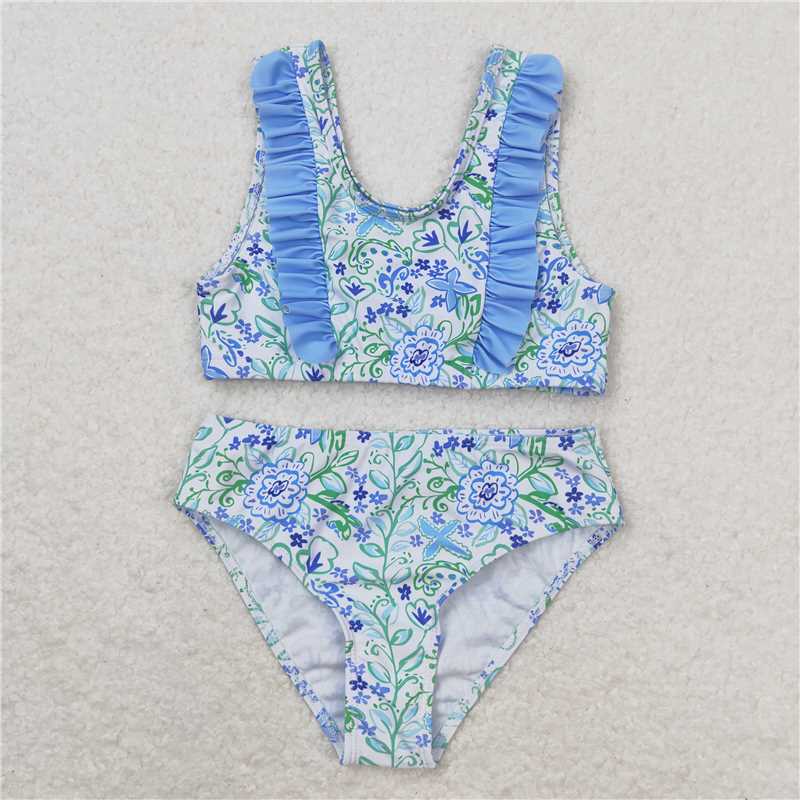7.19 RTS NO MOQ Baby Girls Summer Swimsuits Light blue green floral girls one pc swimsuit