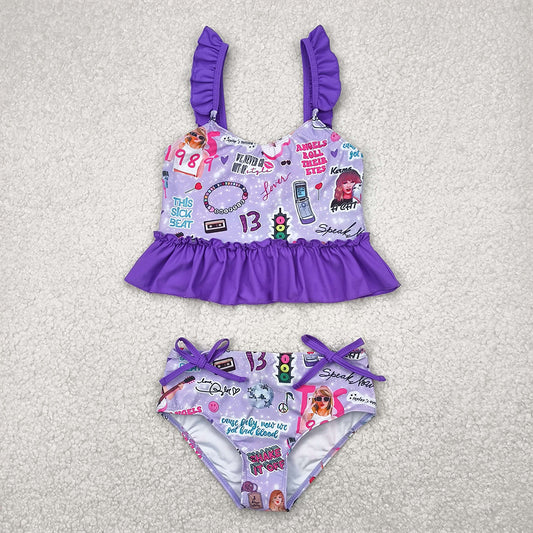 S0389  RTS NO MOQ Baby Girls Summer Swimsuits Baby Girls Purple Sleeveless Ruffle Top Bummies 2pcs Swimsuits