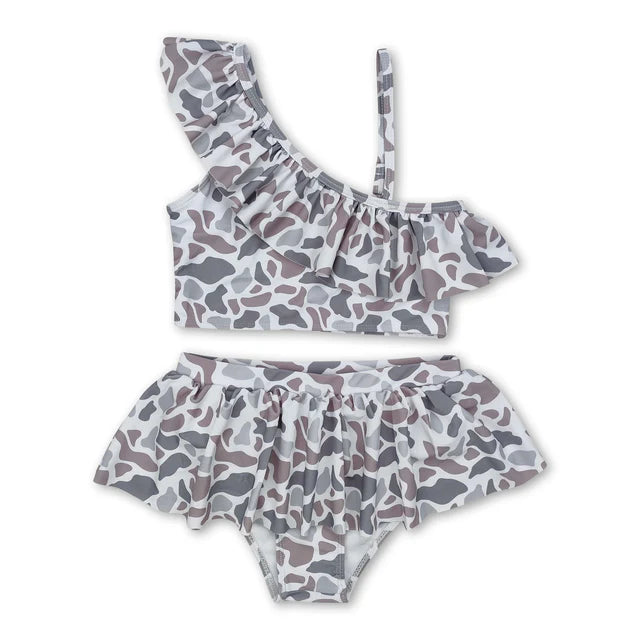 USA Warehouse (IN STOCK) Baby girls Solid color Straps floral ruffle athletic dresses and swimsuit set