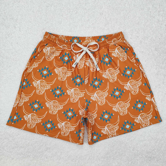 S0462Highland cow aztec western adult men swim trunks