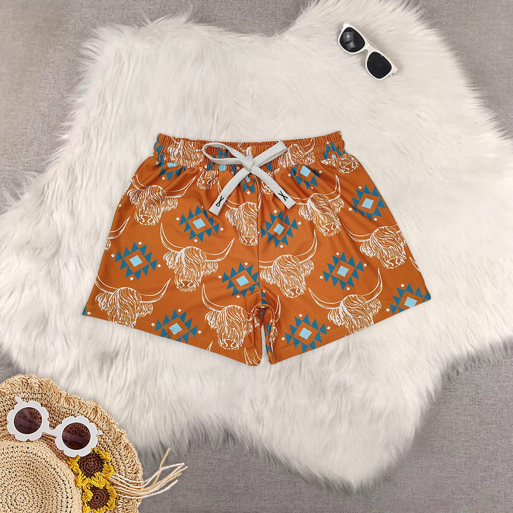 8.19 RTS Sibling Baby Boys Summer Swimsuits Highland cow aztec western kids boys summer swim trunks