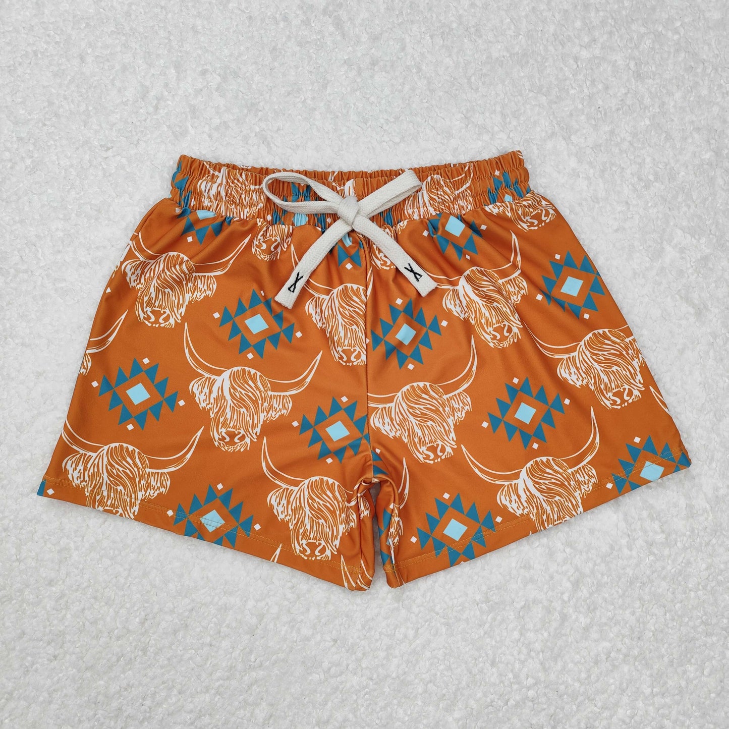 S0463Highland cow aztec western kids boys summer swim trunks