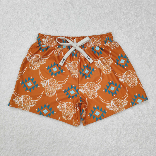 S0463Highland cow aztec western kids boys summer swim trunks