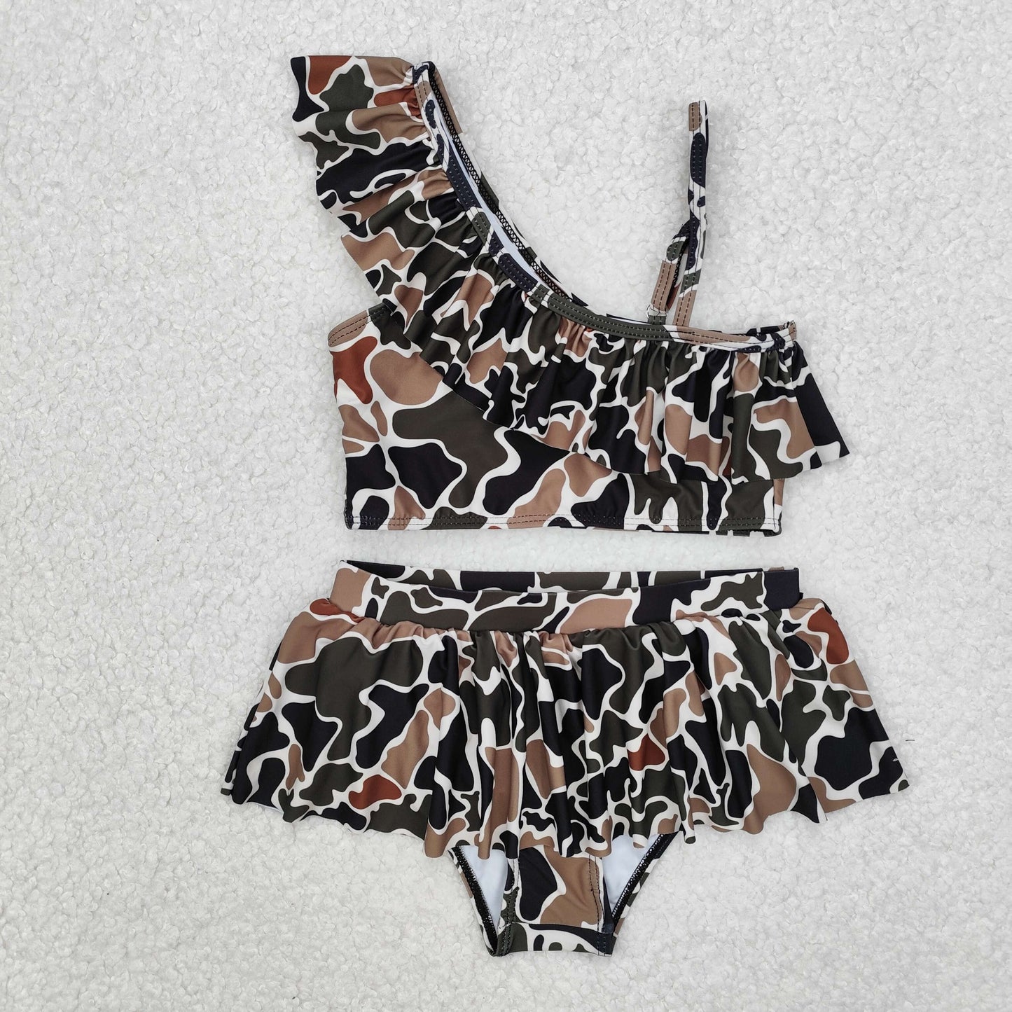 S0481RTS NO MOQ Baby Girls Summer Swimsuits Brown camo ruffle kids girls two pieces swimsuits